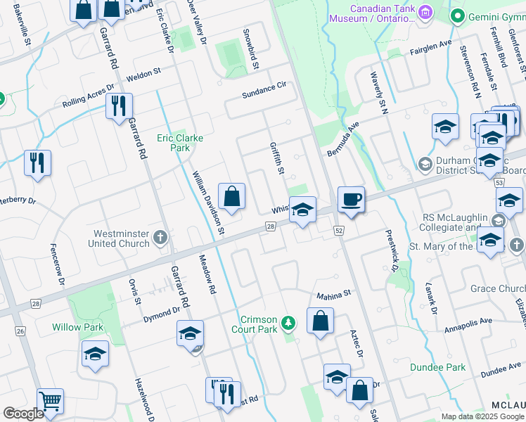map of restaurants, bars, coffee shops, grocery stores, and more near 641 Whistler Drive in Oshawa