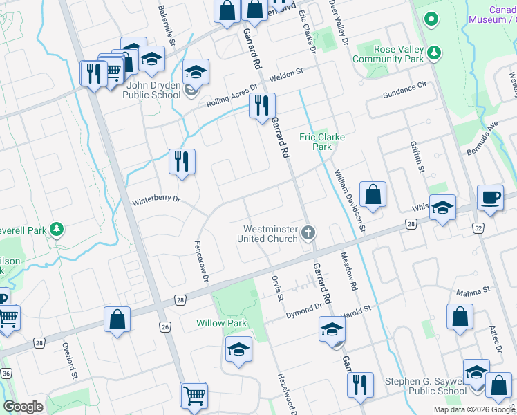 map of restaurants, bars, coffee shops, grocery stores, and more near 8 Neill Avenue in Whitby