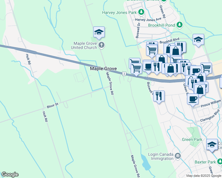 map of restaurants, bars, coffee shops, grocery stores, and more near Maple Grove Road in Bowmanville