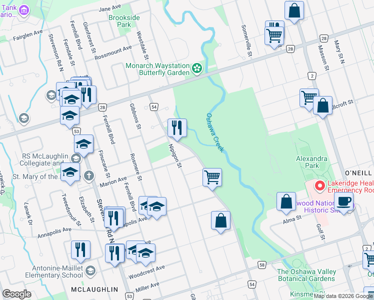map of restaurants, bars, coffee shops, grocery stores, and more near in Oshawa