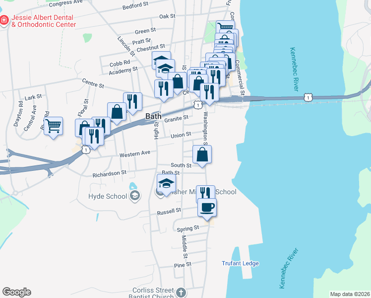 map of restaurants, bars, coffee shops, grocery stores, and more near 50 Shepard Street in Bath