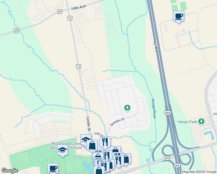 map of restaurants, bars, coffee shops, grocery stores, and more near 19 Boiton Street in Richmond Hill