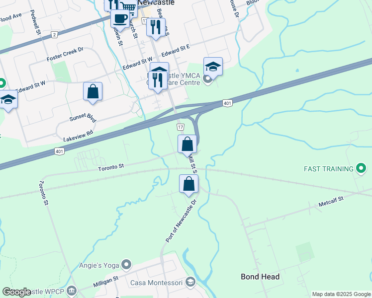map of restaurants, bars, coffee shops, grocery stores, and more near 16 Toronto Street in Newcastle