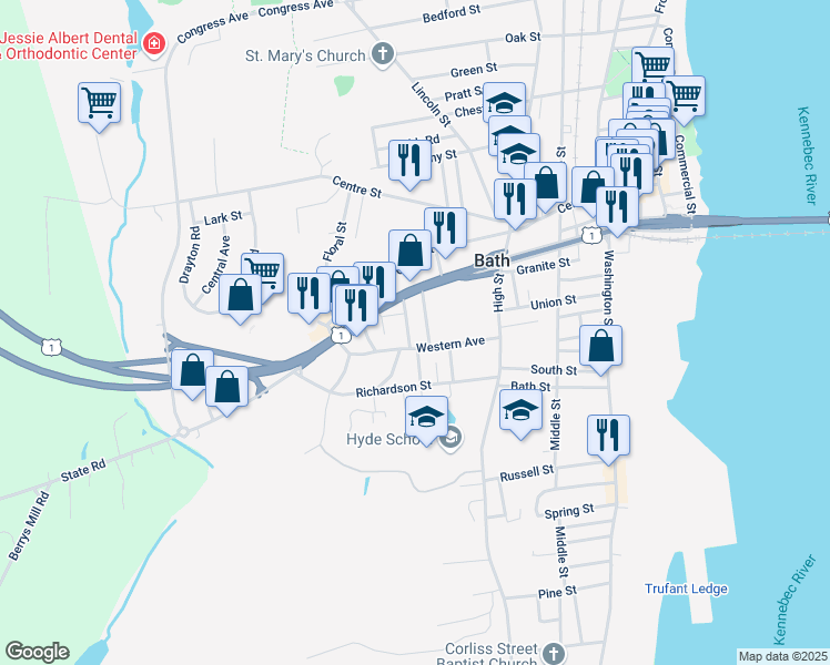 map of restaurants, bars, coffee shops, grocery stores, and more near 5 West Street in Bath