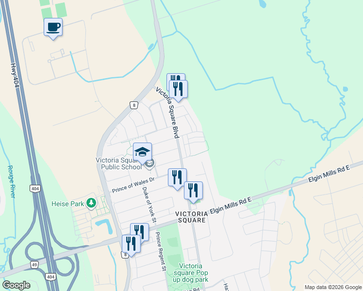 map of restaurants, bars, coffee shops, grocery stores, and more near 10941 Victoria Square Boulevard in Markham
