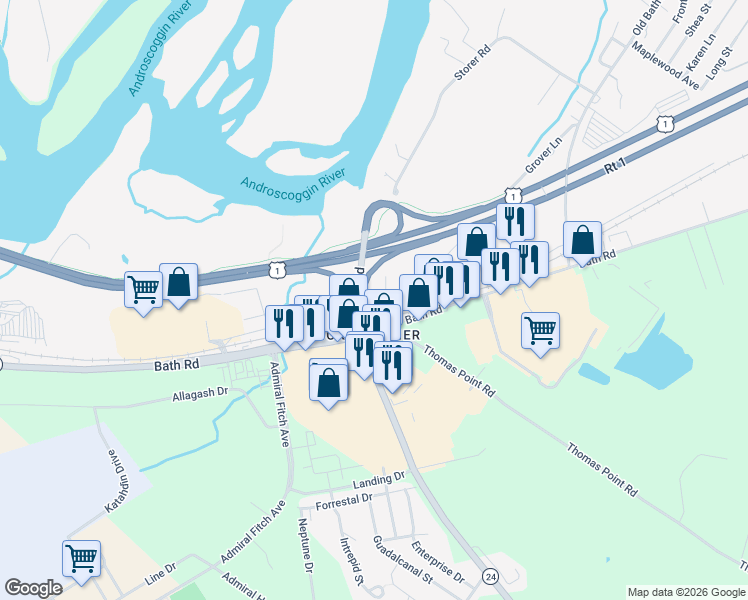 map of restaurants, bars, coffee shops, grocery stores, and more near in Brunswick