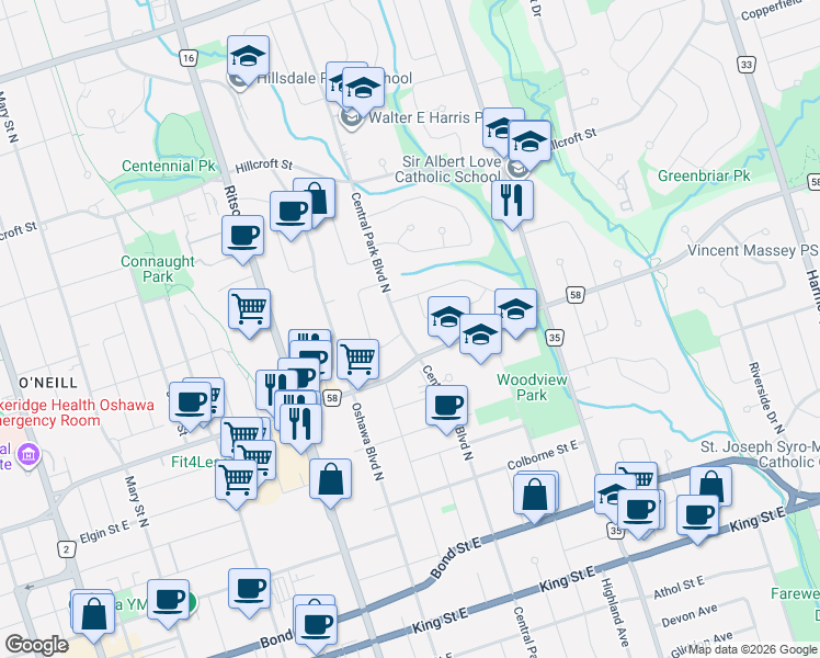 map of restaurants, bars, coffee shops, grocery stores, and more near 295 Central Park Boulevard North in Oshawa