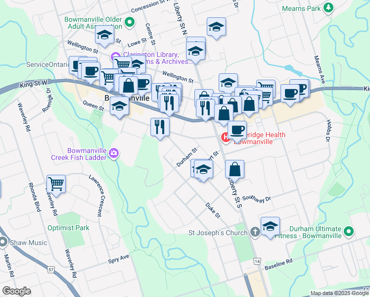 map of restaurants, bars, coffee shops, grocery stores, and more near 84 Ontario Street in Bowmanville