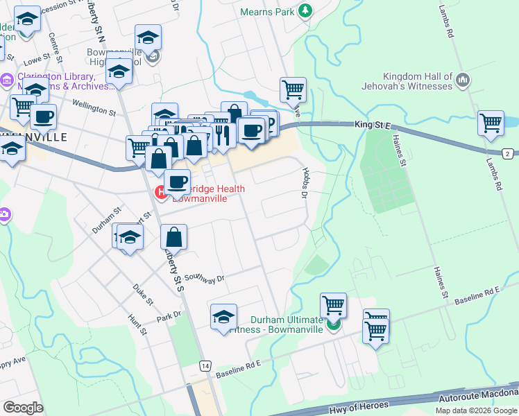 map of restaurants, bars, coffee shops, grocery stores, and more near 36 Deerpark Crescent in Clarington