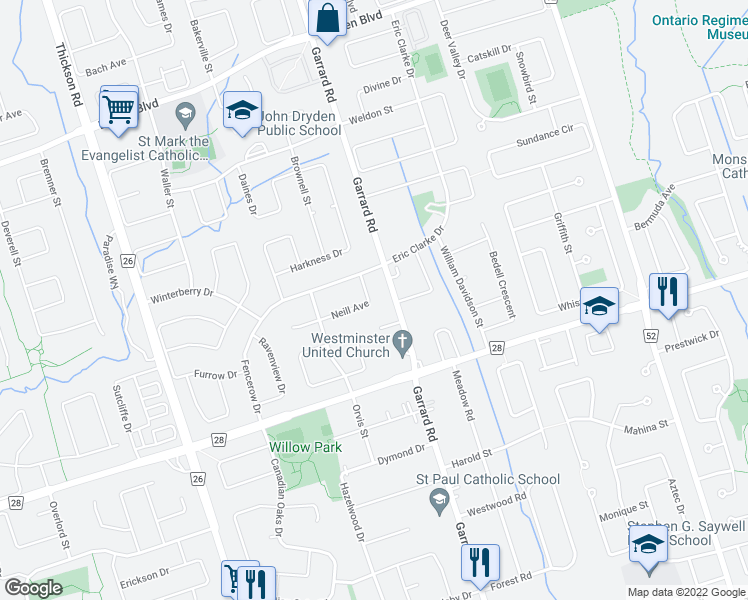 map of restaurants, bars, coffee shops, grocery stores, and more near 33 Neill Avenue in Whitby