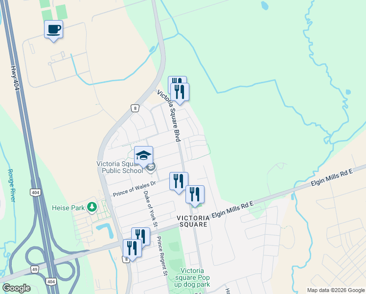 map of restaurants, bars, coffee shops, grocery stores, and more near 10943 Victoria Square Boulevard in Markham