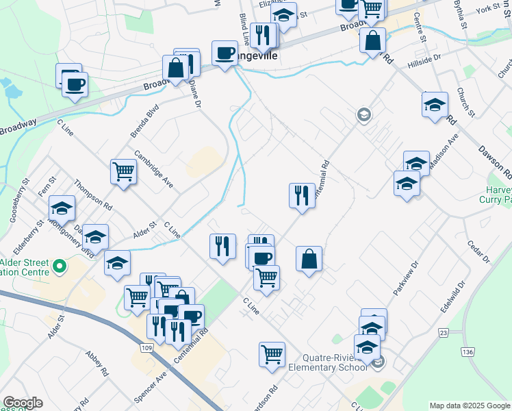 map of restaurants, bars, coffee shops, grocery stores, and more near 19 Stewart Court in Orangeville