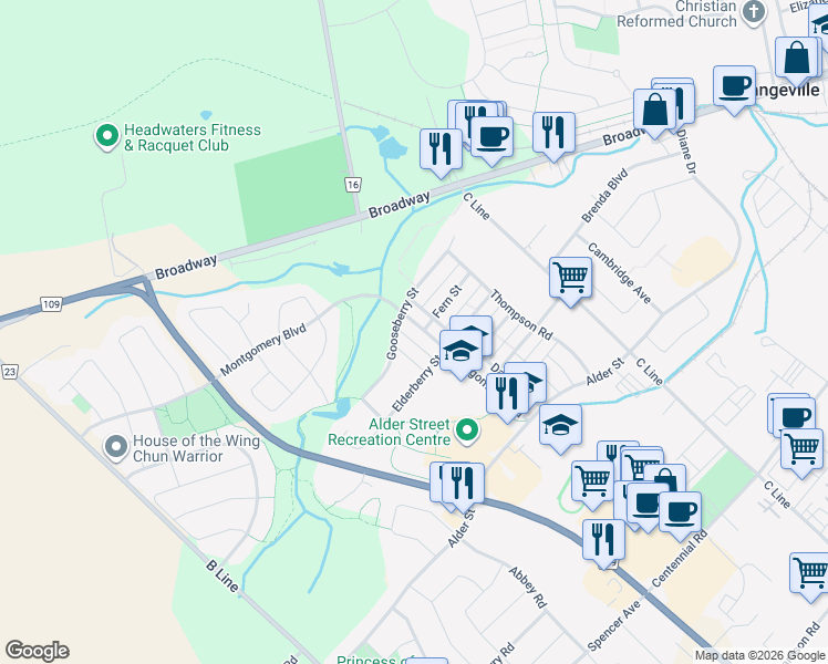 map of restaurants, bars, coffee shops, grocery stores, and more near 160 Montgomery Boulevard in Orangeville