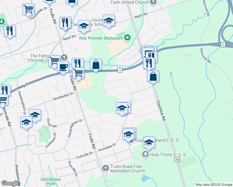 map of restaurants, bars, coffee shops, grocery stores, and more near in Clarington