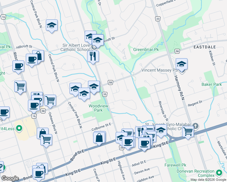 map of restaurants, bars, coffee shops, grocery stores, and more near in Oshawa