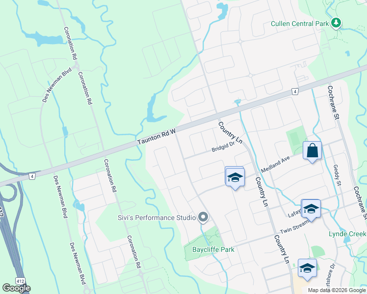 map of restaurants, bars, coffee shops, grocery stores, and more near 129 Baycliffe Drive in Whitby