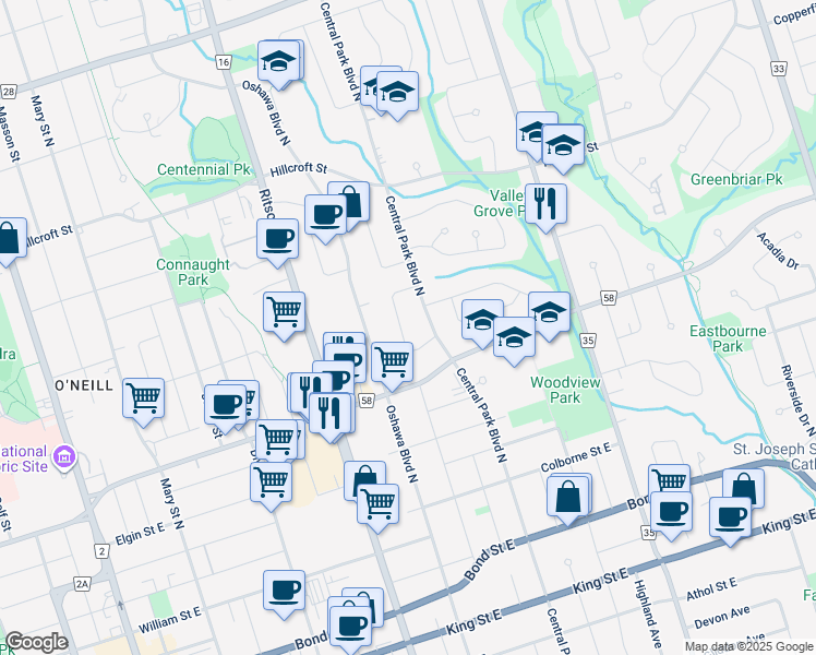 map of restaurants, bars, coffee shops, grocery stores, and more near 336 Central Park Boulevard North in Oshawa