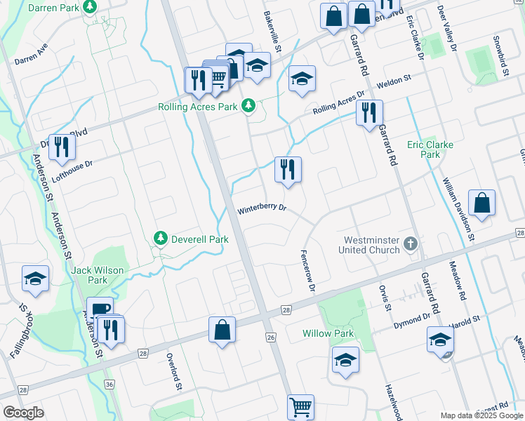 map of restaurants, bars, coffee shops, grocery stores, and more near 5 Corner Stone Crescent in Whitby
