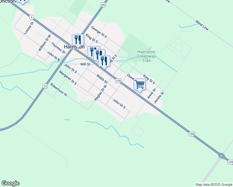 map of restaurants, bars, coffee shops, grocery stores, and more near 31 Pellister Street West in Harriston