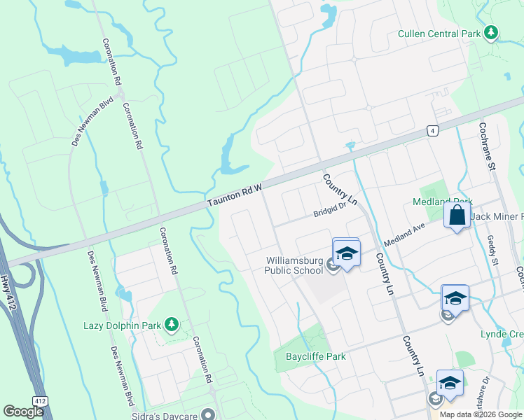 map of restaurants, bars, coffee shops, grocery stores, and more near 132 Baycliffe Drive in Whitby