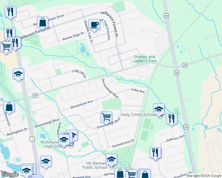 map of restaurants, bars, coffee shops, grocery stores, and more near 219 Devonsleigh Boulevard in Richmond Hill