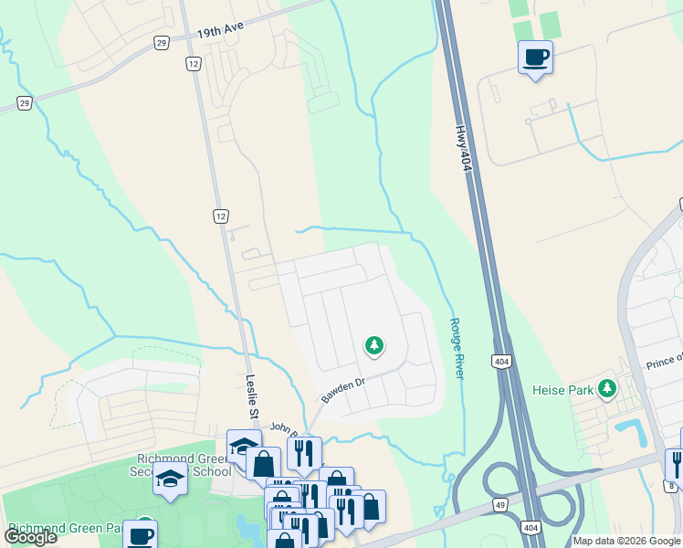 map of restaurants, bars, coffee shops, grocery stores, and more near 47 Boiton Street in Richmond Hill