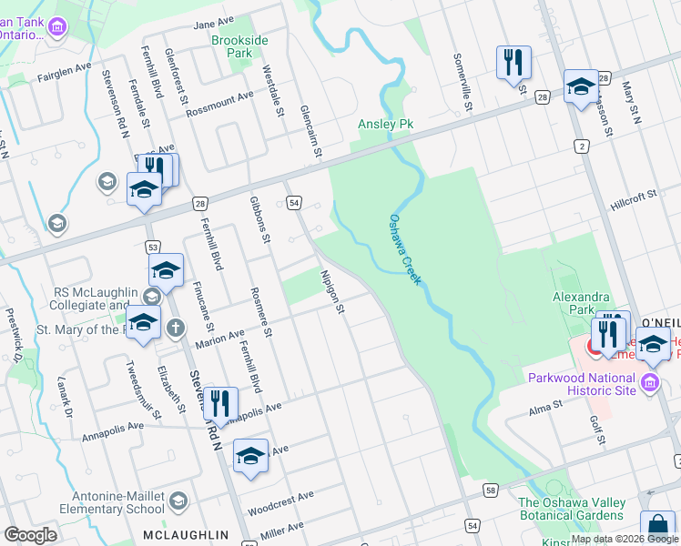 map of restaurants, bars, coffee shops, grocery stores, and more near 538 Durham Regional Road 54 in Oshawa