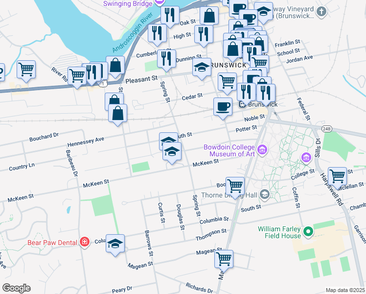 map of restaurants, bars, coffee shops, grocery stores, and more near 38 Spring Street in Brunswick