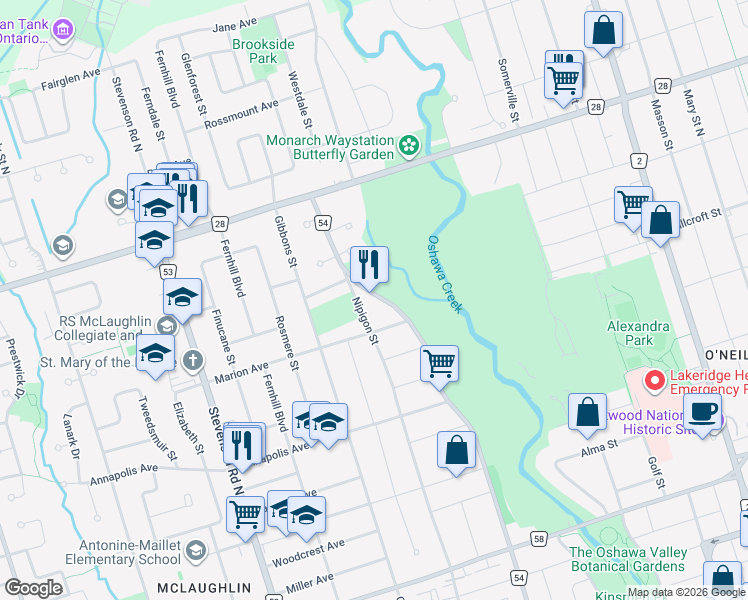 map of restaurants, bars, coffee shops, grocery stores, and more near 532 Park Road North in Oshawa
