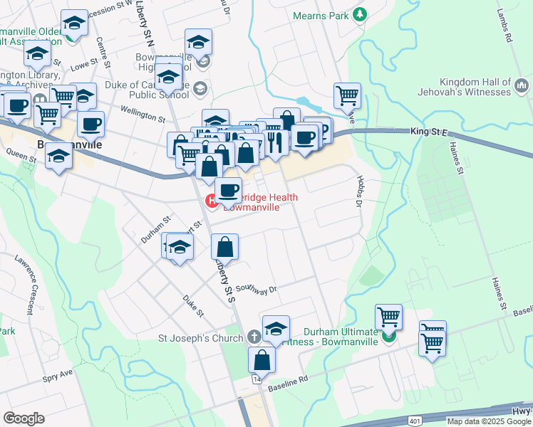 map of restaurants, bars, coffee shops, grocery stores, and more near 31 Prince Street in Bowmanville