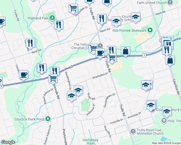 map of restaurants, bars, coffee shops, grocery stores, and more near 15 Kennedy Drive in Clarington