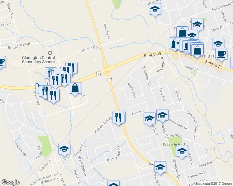 map of restaurants, bars, coffee shops, grocery stores, and more near in Bowmanville
