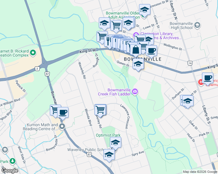 map of restaurants, bars, coffee shops, grocery stores, and more near 24 Cole Avenue in Clarington