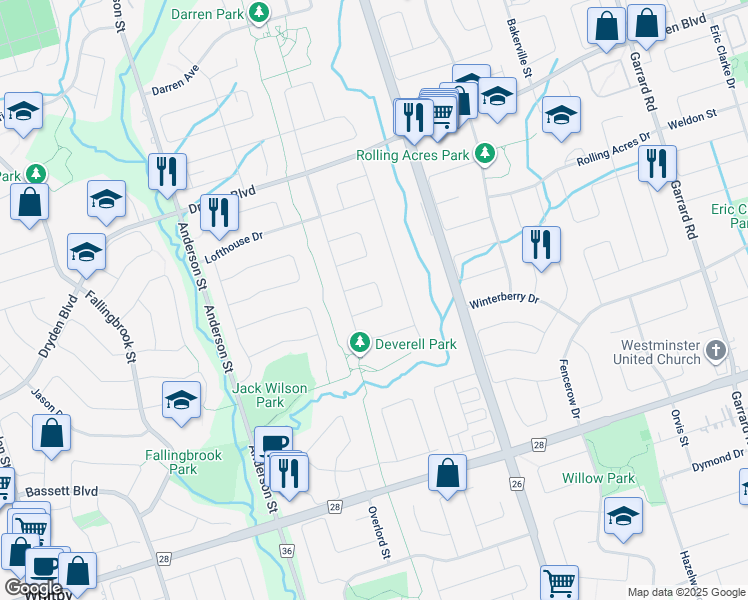 map of restaurants, bars, coffee shops, grocery stores, and more near 37 Foster Crescent in Whitby