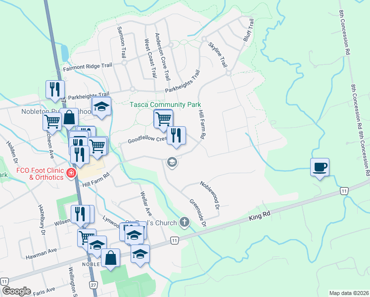 map of restaurants, bars, coffee shops, grocery stores, and more near 140 Hill Farm Road in King