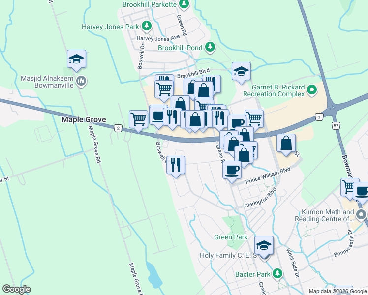 map of restaurants, bars, coffee shops, grocery stores, and more near 56 Ivory Court in Bowmanville