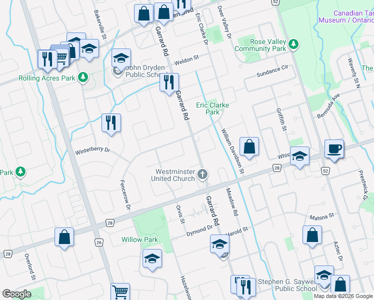 map of restaurants, bars, coffee shops, grocery stores, and more near 39 Neill Avenue in Whitby