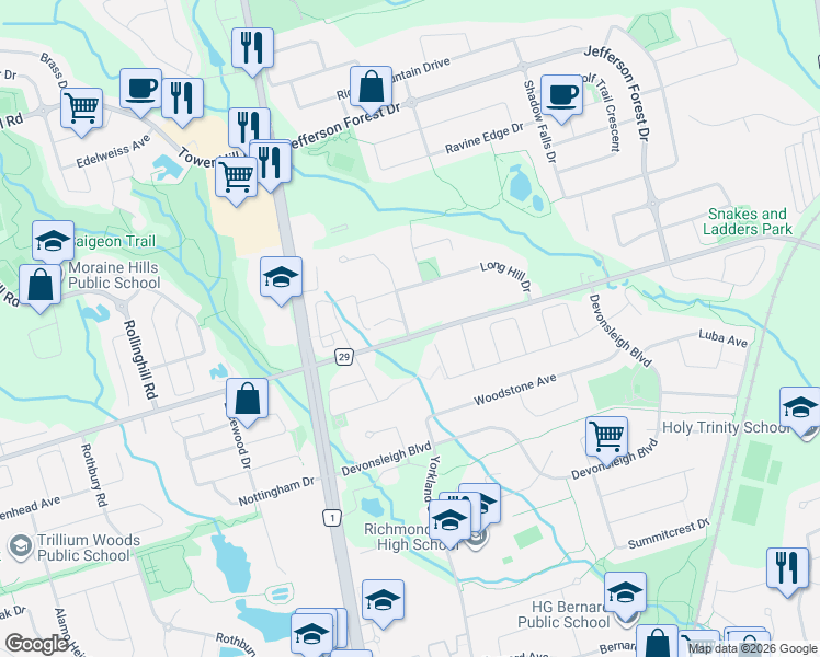 map of restaurants, bars, coffee shops, grocery stores, and more near 2A Anglin Drive in Richmond Hill
