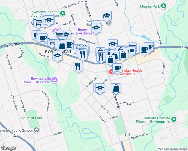 map of restaurants, bars, coffee shops, grocery stores, and more near 44 Brown Street in Bowmanville
