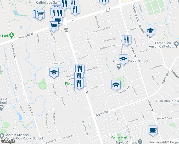 map of restaurants, bars, coffee shops, grocery stores, and more near 7 Decatur Place in Whitby
