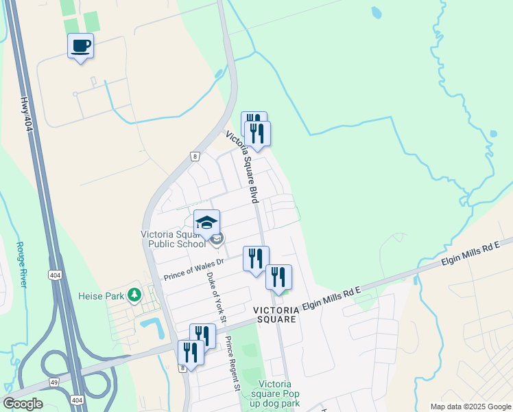 map of restaurants, bars, coffee shops, grocery stores, and more near 10947 Victoria Square Boulevard in Markham