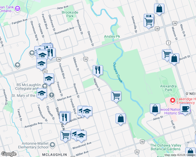 map of restaurants, bars, coffee shops, grocery stores, and more near 538 Durham Regional Road 54 in Oshawa