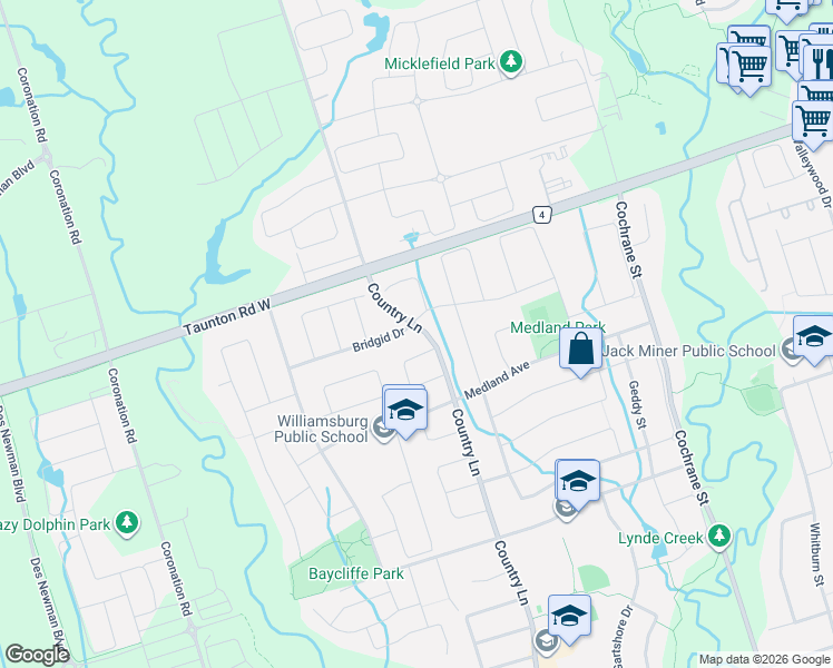 map of restaurants, bars, coffee shops, grocery stores, and more near 1 Bridgid Drive in Whitby