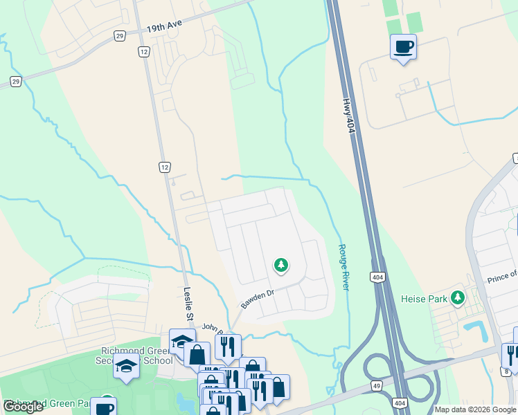 map of restaurants, bars, coffee shops, grocery stores, and more near 47 Boiton Street in Richmond Hill