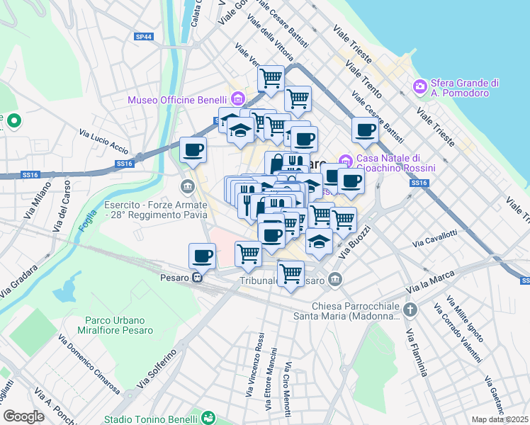 map of restaurants, bars, coffee shops, grocery stores, and more near 54 Via delle Galigarie in Pesaro