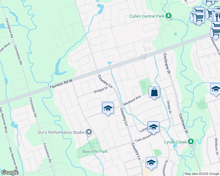 map of restaurants, bars, coffee shops, grocery stores, and more near 1 Bridgid Drive in Whitby