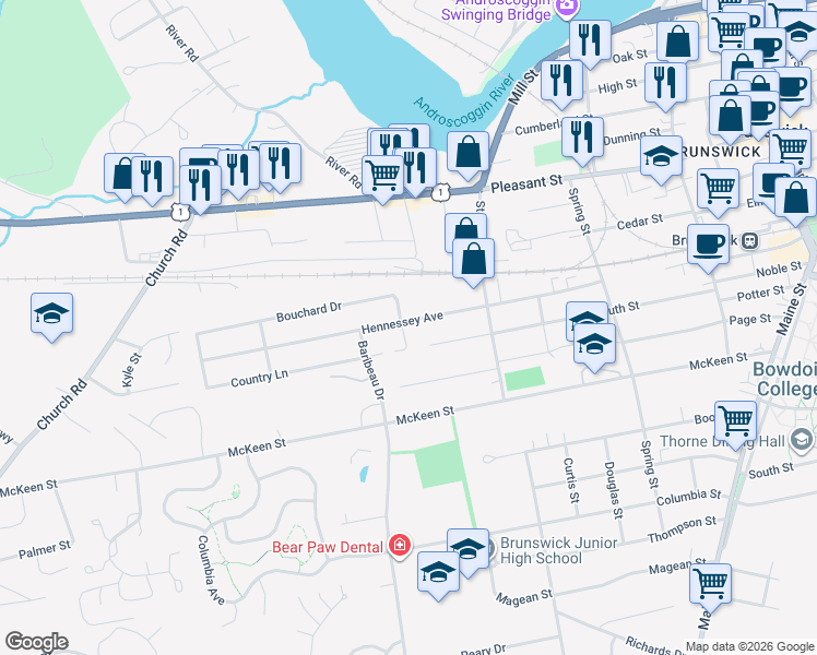 map of restaurants, bars, coffee shops, grocery stores, and more near 54 Hennessey Avenue in Brunswick