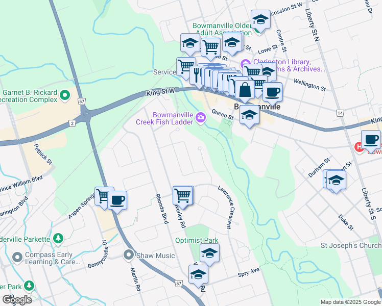map of restaurants, bars, coffee shops, grocery stores, and more near in Bowmanville