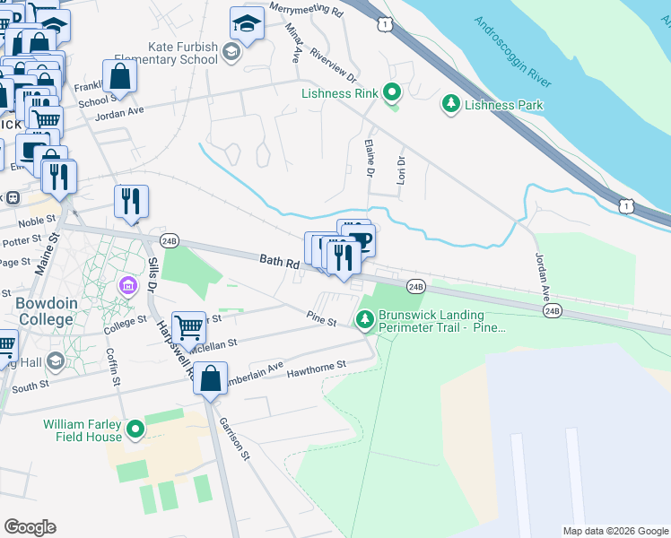 map of restaurants, bars, coffee shops, grocery stores, and more near 39 Bath Rd in Brunswick