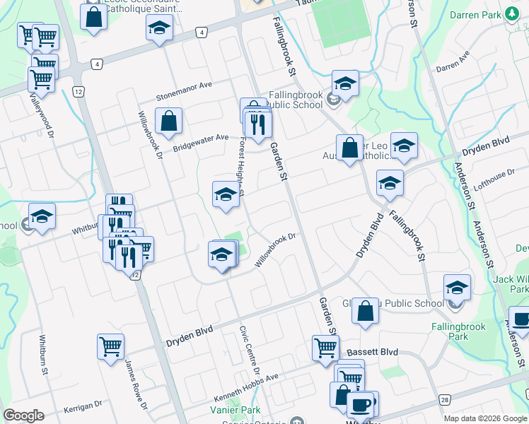 map of restaurants, bars, coffee shops, grocery stores, and more near 52 Millstone Crescent in Whitby